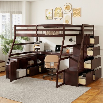 Full Size Loft Bed with 7 Drawers, 2 Shelves and Desk