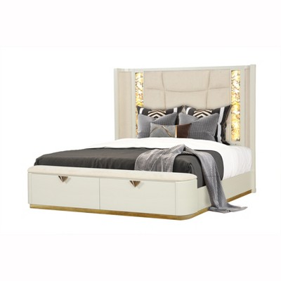 TiramisuBest Modern Queen Upholstered Wood Bed with Drawers and Gold Accents in Beige