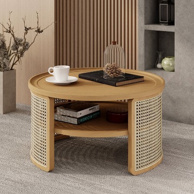 CAVINAS Modern Wooden Side Table Petal Shaped Coffee Table with Rattan Storage Shelf, Night Stand for Living Room, Bedroom