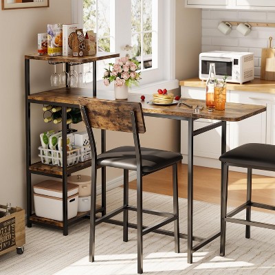 Dining Table Set for 2, 3-Piece Expandable Bar Table and Chairs Set, with Storage Shelves and Wine Rack, Small Kitchen Dining Set